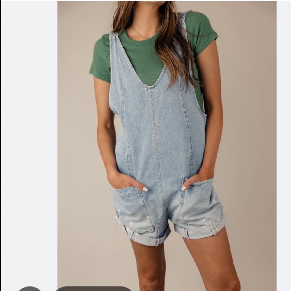 Free People We The Free High Roller Shortall Denim Romper XS boho oversized